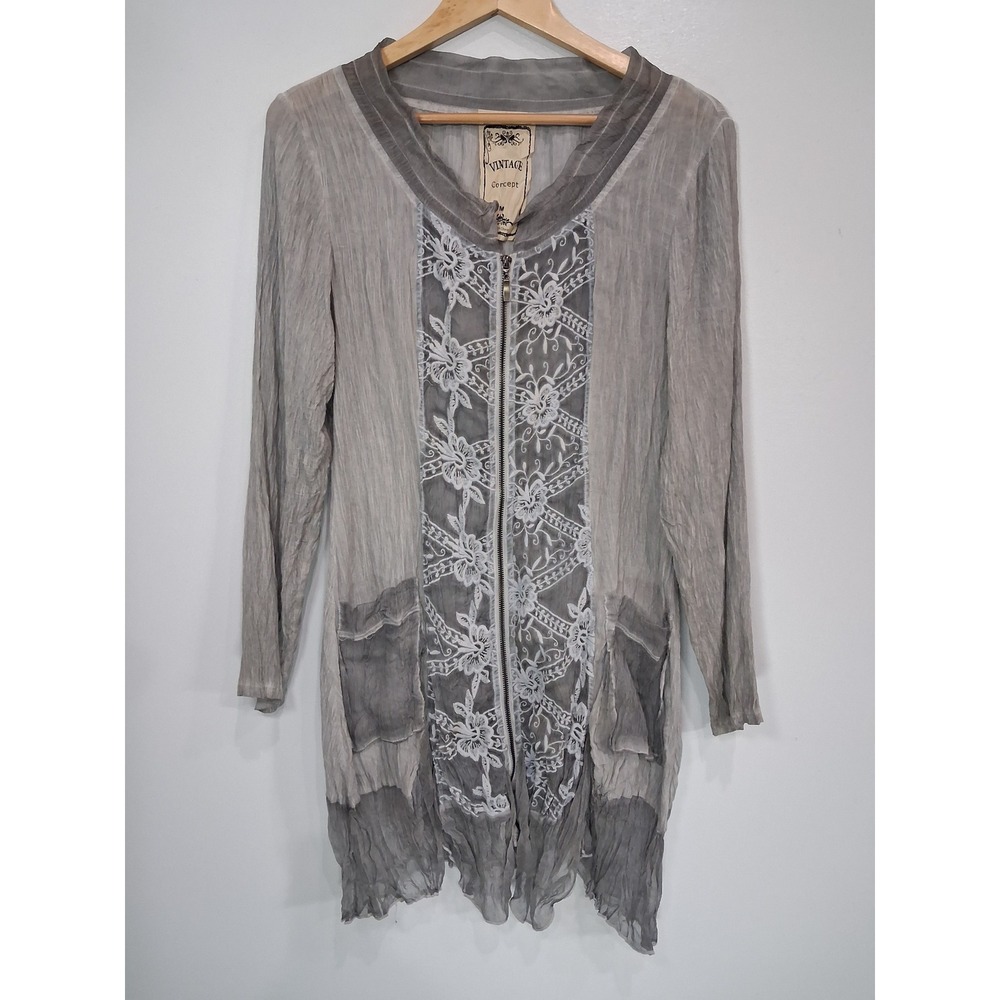 Vintage Concept Grey Crinkle Lace Zip Front Tunic Handkerchief Hem Gauzy Medium